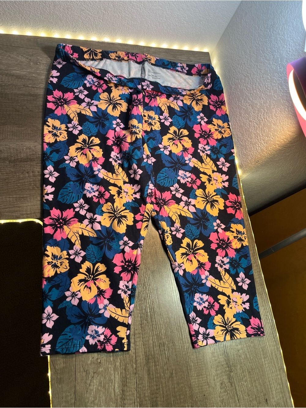 No Boundaries Navy Capri Leggings with Pink & Yellow Floral Print